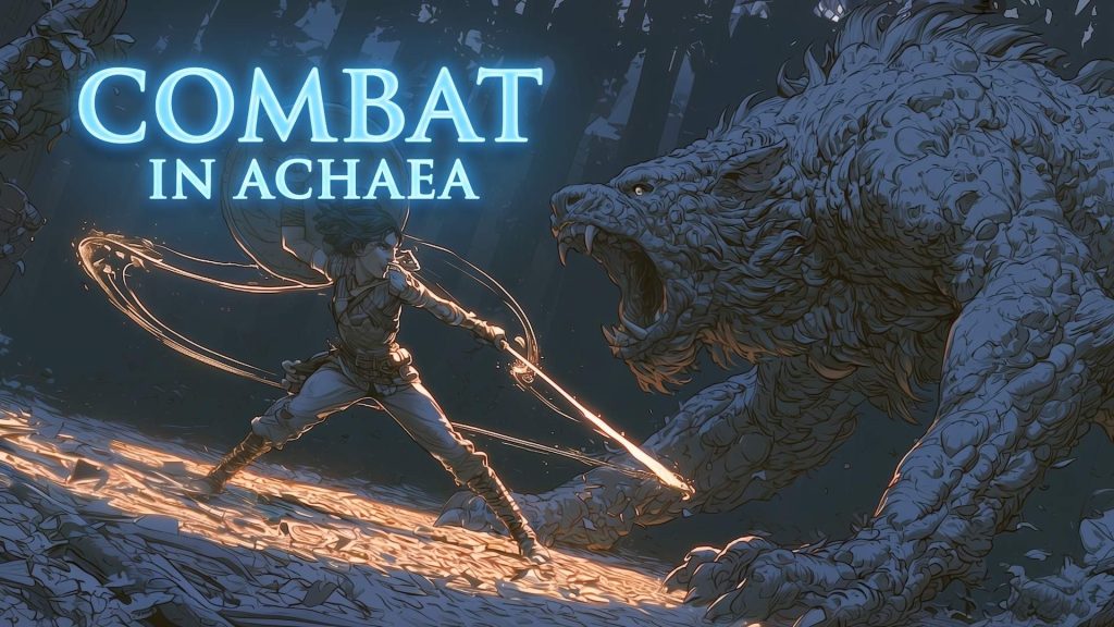 Achaea Combat hero | Achaea A warrior raising a shield against a charging beast in a dark forest. Hero image for the Achaea combat guide.