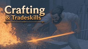 A blacksmith hammering a glowing blade at a forge. Hero image for the Achaea crafting guide.
