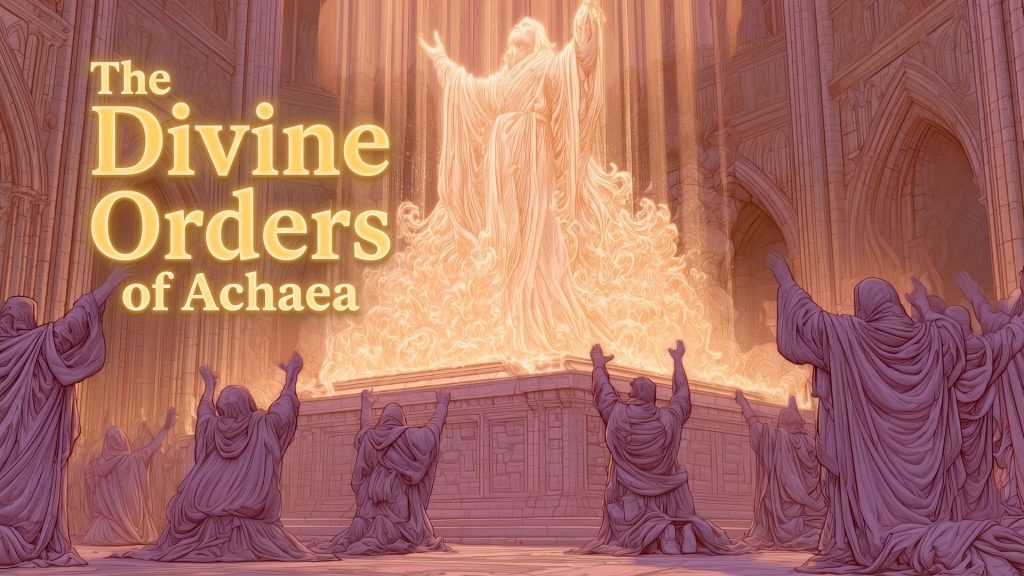 Achaea Divine Orders hero | Achaea A radiant divine figure of light above kneeling worshippers in a cathedral. Hero image for the Achaea divine orders guide.