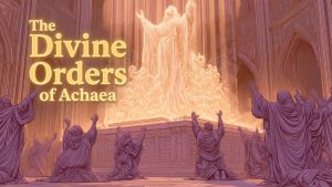 A radiant divine figure of light above kneeling worshippers in a cathedral. Hero image for the Achaea divine orders guide.