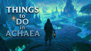 A lone traveller at a crossroads above a fantasy city at dusk. Hero image for the Things to Do in Achaea guide.