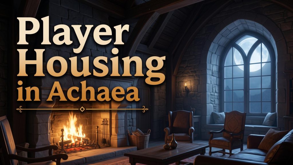 Achaea Player Housing hero | Achaea The warm firelit great hall of a player-built castle. Hero image for the Achaea player housing guide.