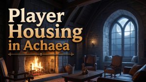 The warm firelit great hall of a player-built castle. Hero image for the Achaea player housing guide.