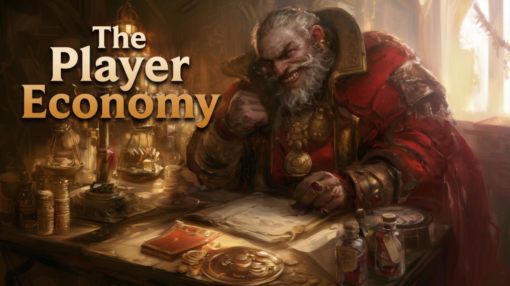 The Achaea Economy hero | Achaea A richly dressed merchant counting gold at a desk of coins and ledgers. Hero image for the Achaea player economy guide.