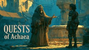 A robed elder offering a quest to an adventurer in a sunlit plaza. Hero image for the Achaea quests guide.