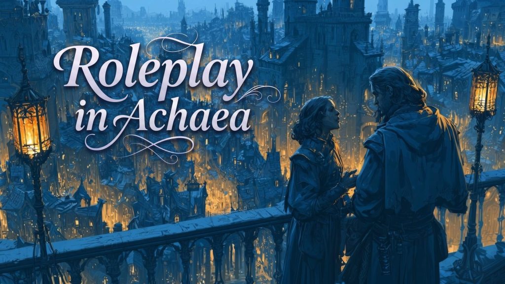 Achaea Roleplay hero | Achaea Two characters in conversation on a balcony above a lamplit city at dusk. Hero image for the Achaea roleplay guide.