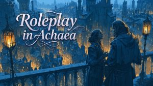 Two characters in conversation on a balcony above a lamplit city at dusk. Hero image for the Achaea roleplay guide.