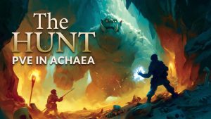 A giant pale troll rears up in a torchlit cavern as two adventurers close in, one with a spear and one casting a spell, under the title The Hunt: PvE in Achaea