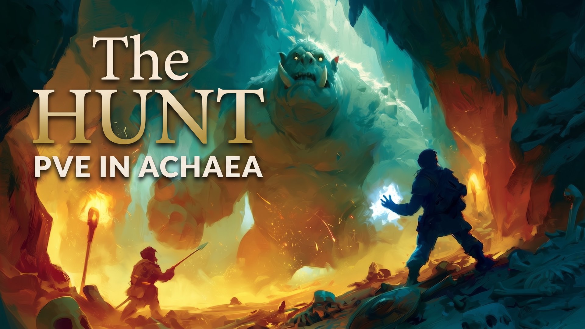 A giant pale troll rears up in a torchlit cavern as two adventurers close in, one with a spear and one casting a spell, under the title The Hunt: PvE in Achaea