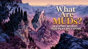 Painterly fantasy vista at dusk with a gothic castle, a white citadel on a peak, and three figures on a cliff; overlaid title reads What Are MUDs, a living world you play by typing.