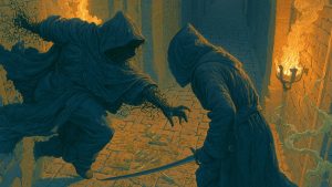 Two hooded duellists in a torchlit stone corridor: one lunges with an outstretched hand as dark venom spreads under the skin, the other bows low with a thin curved blade, spilled vials and herbs on the flagstones.
