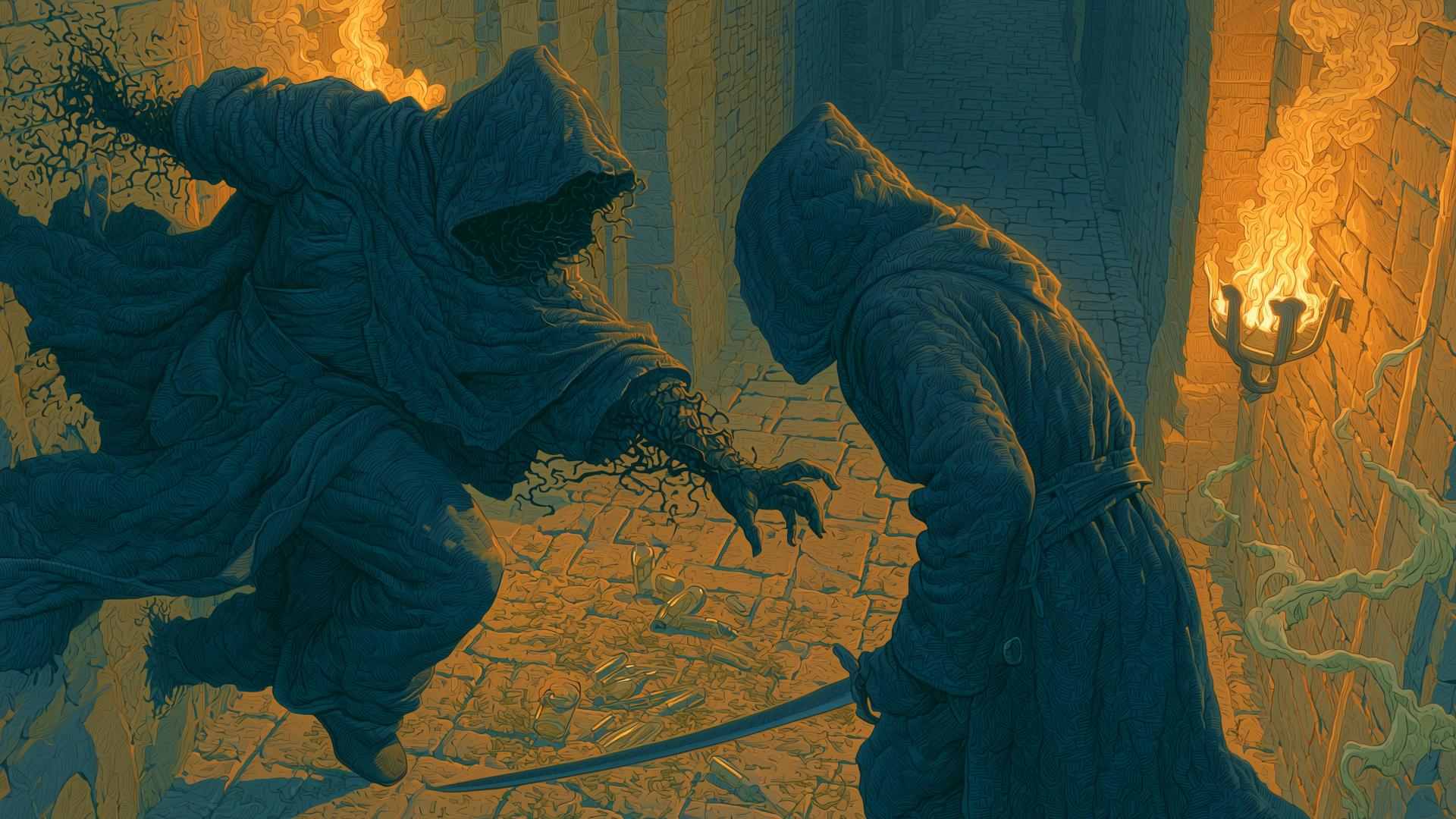 Achaea affliction combat: two duellists in a torchlit corridor | Achaea Two hooded duellists in a torchlit stone corridor: one lunges with an outstretched hand as dark venom spreads under the skin, the other bows low with a thin curved blade, spilled vials and herbs on the flagstones.