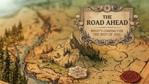 Achaea 2026 roadmap: hand-drawn parchment map with a cartouche reading The Road Ahead, What's Coming for the Rest of 2026