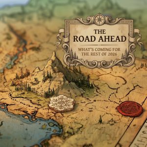 Achaea 2026 roadmap: hand-drawn parchment map with a cartouche reading The Road Ahead, What's Coming for the Rest of 2026