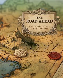 Achaea 2026 roadmap: hand-drawn parchment map with a cartouche reading The Road Ahead, What's Coming for the Rest of 2026