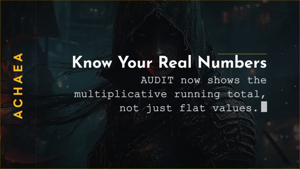 Achaea update card: AUDIT now shows flat resistance values and a multiplicative running total