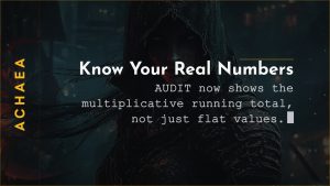 Achaea update card: AUDIT now shows flat resistance values and a multiplicative running total
