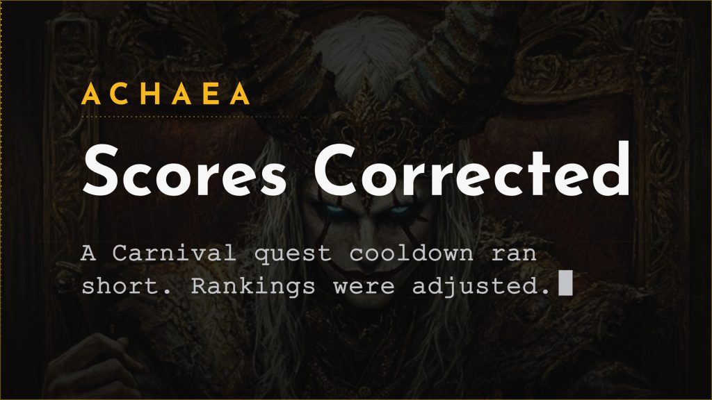 Achaea Iron Carnival bugfix: quest cooldown corrected and CARNIVAL RANKINGS scores adjusted