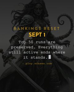 Achaea Mnemosyne Rankings Reset September 2026 (4x5 social) | Achaea Achaea announce card: the Mnemosyne rankings reset on September 1st, 2026