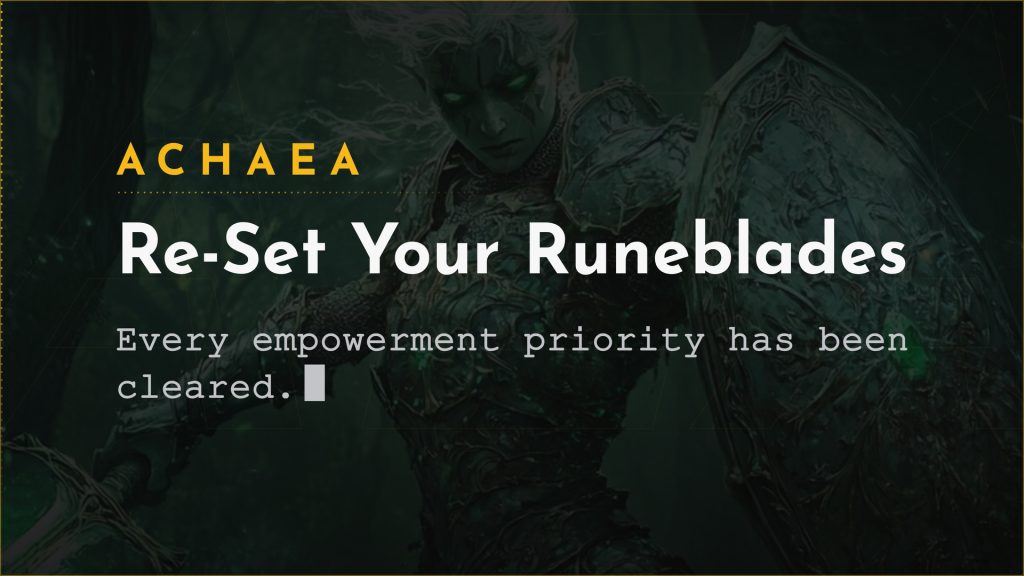 Achaea update card: Runelore runeblade empowerment reworked to per-weapon settings, August 2026