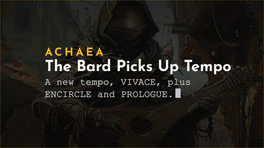 Achaea announce card for Bard changes: a new Bladedance tempo, VIVACE, plus the ENCIRCLE and PROLOGUE abilities