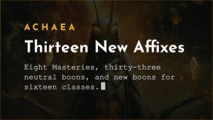 Achaea Mnemosyne changelog card: thirteen new affixes, eight Masteries, thirty-three neutral boons and new boons for sixteen classes