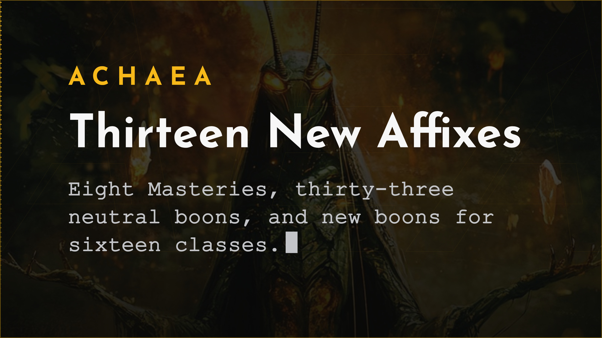 Achaea Mnemosyne changelog card: thirteen new affixes, eight Masteries, thirty-three neutral boons and new boons for sixteen classes