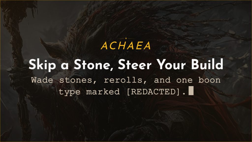 Achaea Mnemosyne update card: wade stones tailor your next boon offering with WADE SKIP, and BOON REROLL banks up to three rerolls