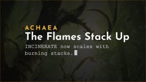 Achaea announcement card reading The Flames Stack Up
