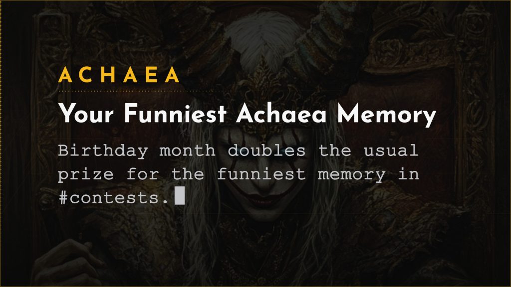 Achaea September 2026 Discord contest card: birthday month doubles the prize for your funniest memory of Achaea in the #contests channel