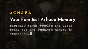 Achaea September 2026 Discord contest card: birthday month doubles the prize for your funniest memory of Achaea in the #contests channel