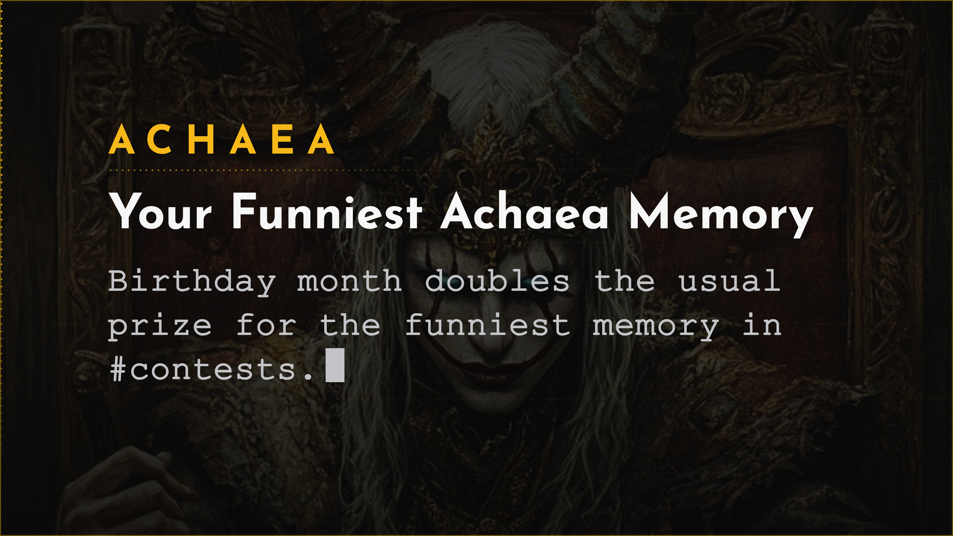 Achaea September 2026 Discord contest card: birthday month doubles the prize for your funniest memory of Achaea in the #contests channel