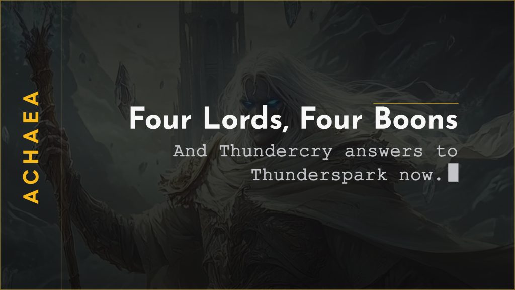 Achaea announcement card reading Four Lords, Four Boons