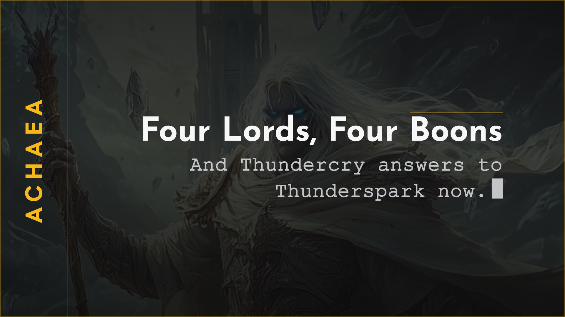Achaea announcement card reading Four Lords, Four Boons