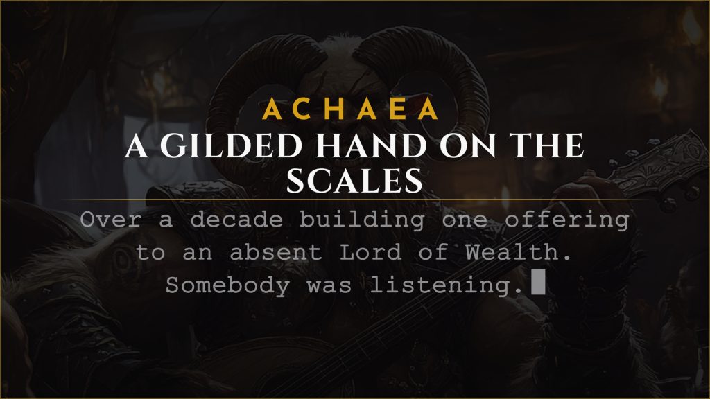 Achaea announce card for The Great Balance: Prospero's Divine Order unveils brass scales and the Lord of Wealth returns His gaze to Sapience