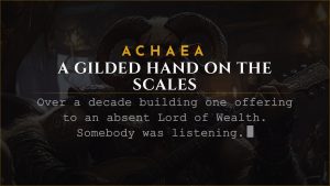 Achaea announce card for The Great Balance: Prospero's Divine Order unveils brass scales and the Lord of Wealth returns His gaze to Sapience