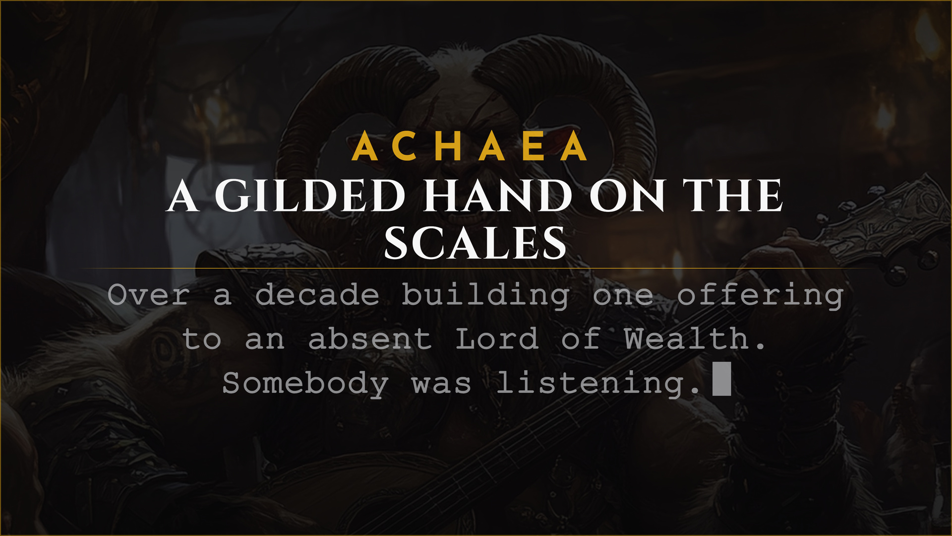 Achaea announce card for The Great Balance: Prospero's Divine Order unveils brass scales and the Lord of Wealth returns His gaze to Sapience