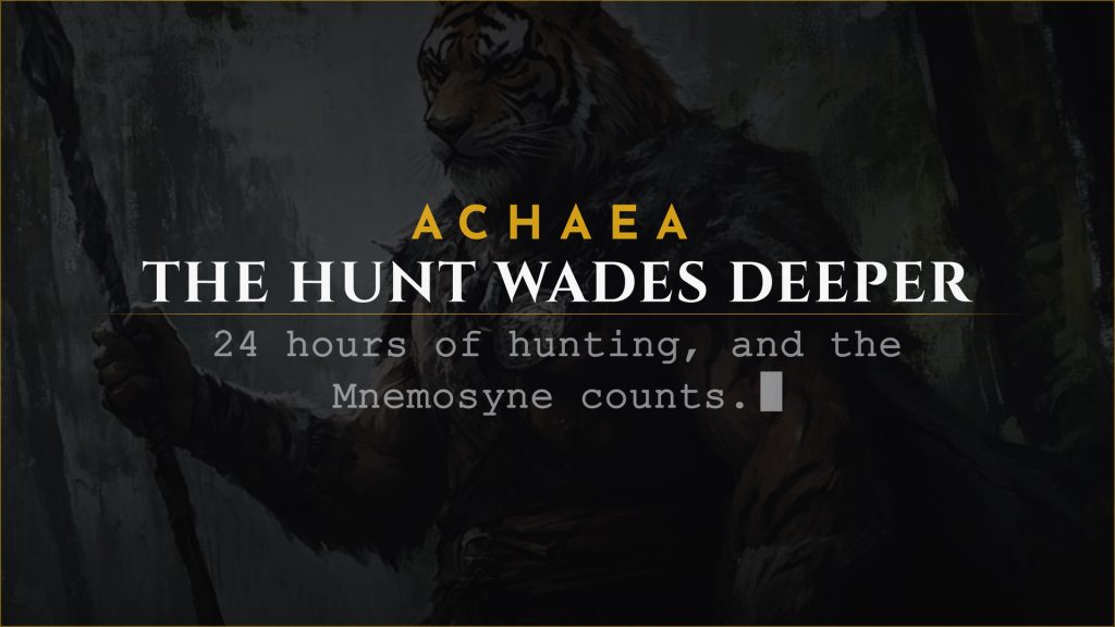 Achaea announce card for the Great Hunt, a 24 hour hunting contest with the Mnemosyne accessible for points