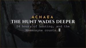 Achaea announce card for the Great Hunt, a 24 hour hunting contest with the Mnemosyne accessible for points
