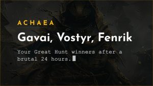 Achaea announce card for the Great Hunt results: Gavai, Vostyr and Fenrik won the Open, Sub-99 and Sub-80 tiers