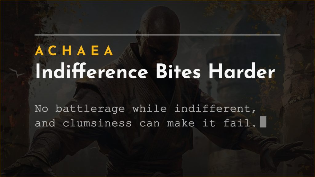 Achaea announce card for updates: the indifference affliction now prevents battlerage, and clumsiness can make battlerage abilities fail