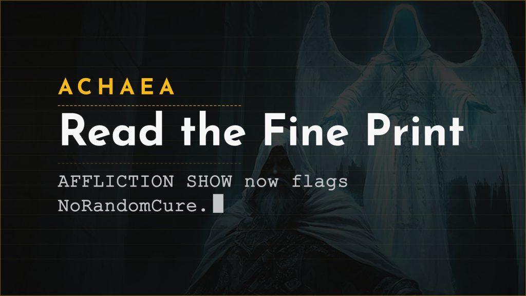 Achaea announcement card reading Read the Fine Print