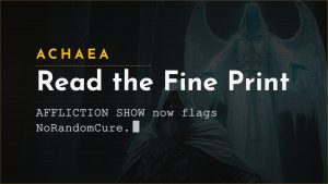 Achaea announcement card reading Read the Fine Print
