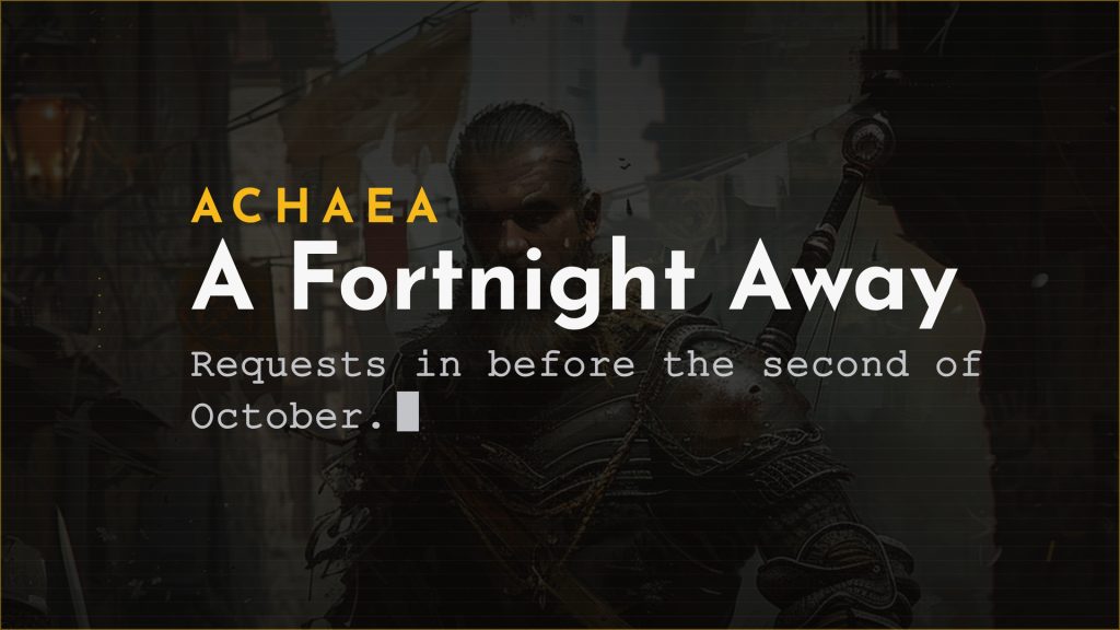 Achaea notice card: A Fortnight Away, admin absence 2 to 14 October