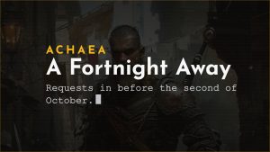 Achaea notice card: A Fortnight Away, admin absence 2 to 14 October