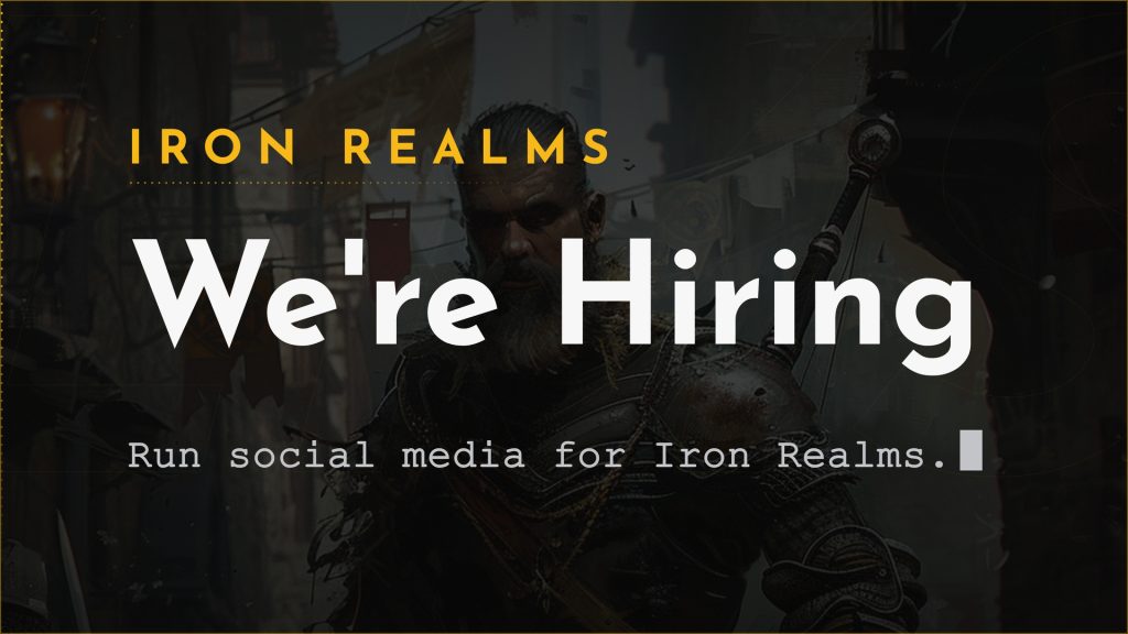 Achaea announce card for We're Hiring For Social Media: run social media for Iron Realms