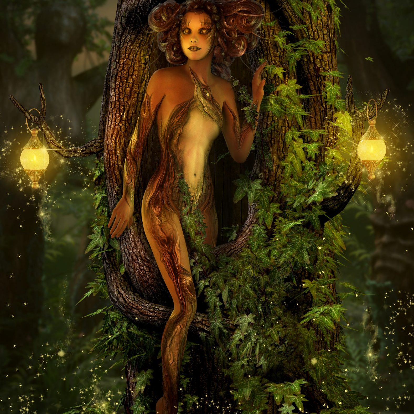 A fayad steps forth from a tree trunk, two lanterns light her slender figure in a soft glow. Vines and ivy climb the base of the tree creating a verdant backdrop for the slender figure. Her skin is mottled in browns and beiges, patterned like tree bark but with a smooth texture. The fayad's face is ethereal and alien, while humanoid in construction, her eyes gleam silver.